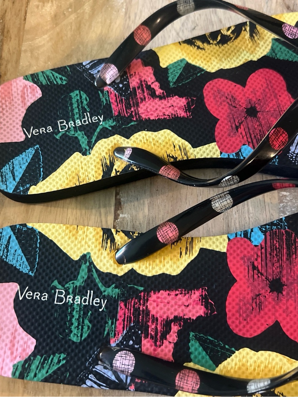 Vera Bradley Black Floral Print Flip Flops with Multicolor Roses - Picture 3 of 7